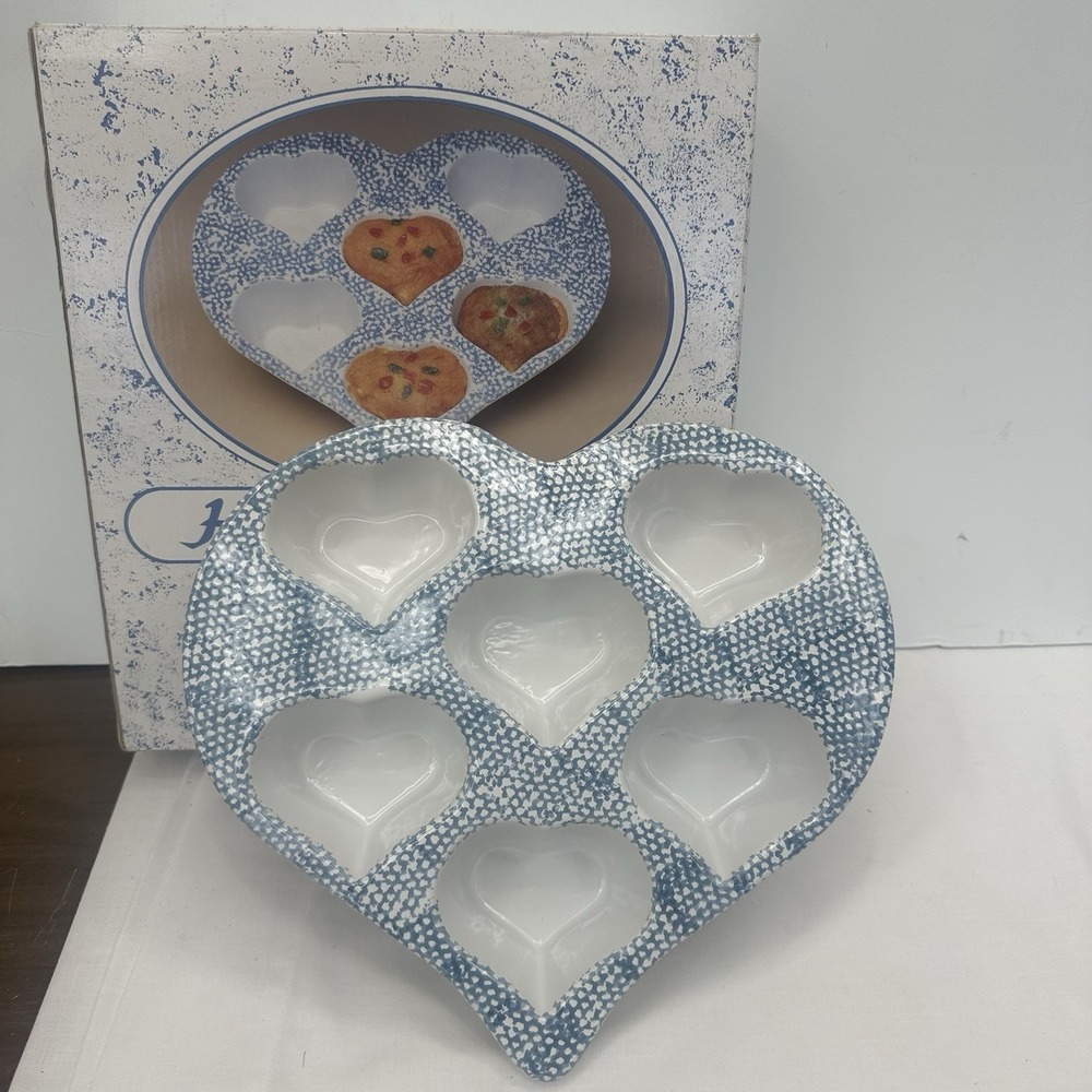 Blue Sponge Spongeware Ceramic Stoneware Heart Shaped Muffin Cupcake Baking Pan